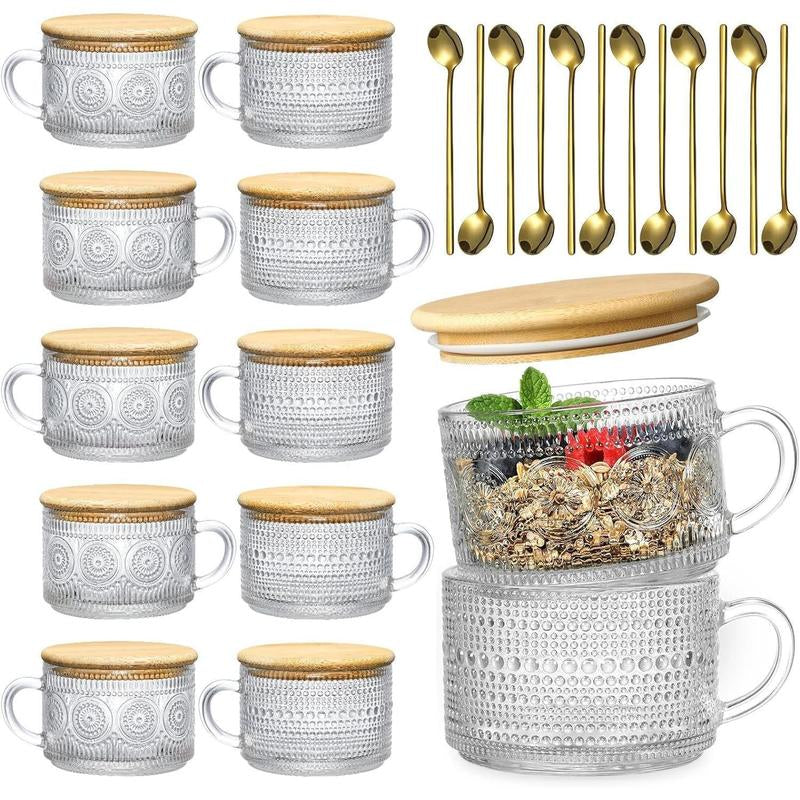 4Pcs Set Vintage Coffee Mugs Gifts for Women, Overnight Oats Containers with Bamboo Lids and Spoons - 14Oz Clear Embossed Glass Cups, Cute Coffee Bar Accessories, Iced Coffee Glasses