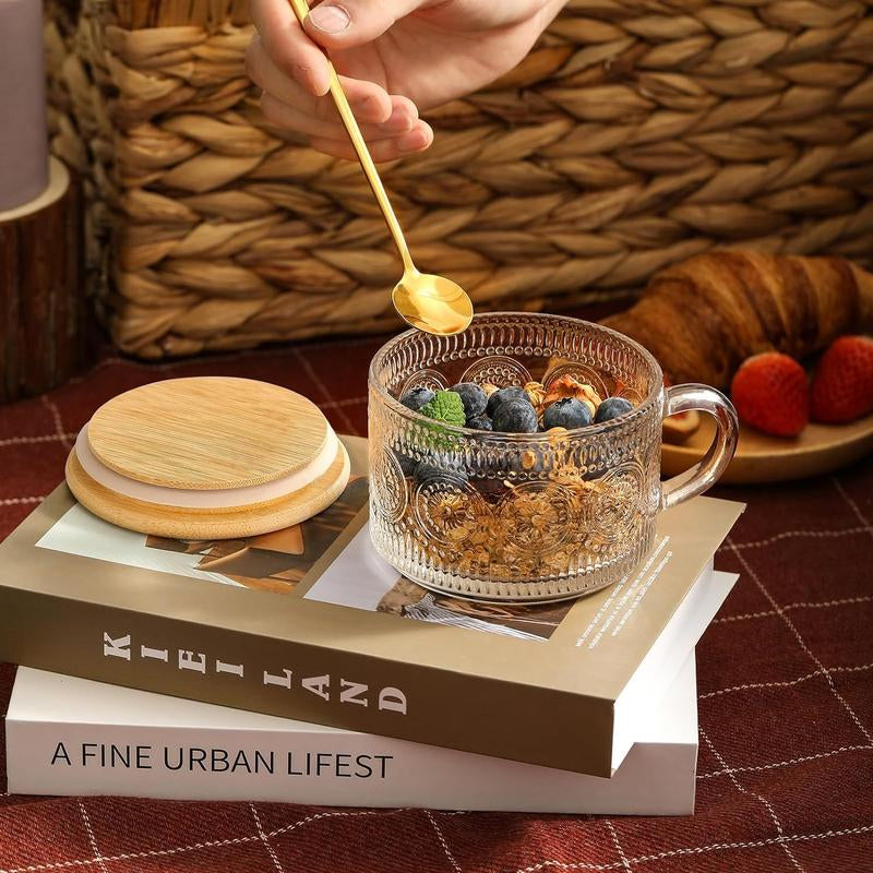4Pcs Set Vintage Coffee Mugs Gifts for Women, Overnight Oats Containers with Bamboo Lids and Spoons - 14Oz Clear Embossed Glass Cups, Cute Coffee Bar Accessories, Iced Coffee Glasses