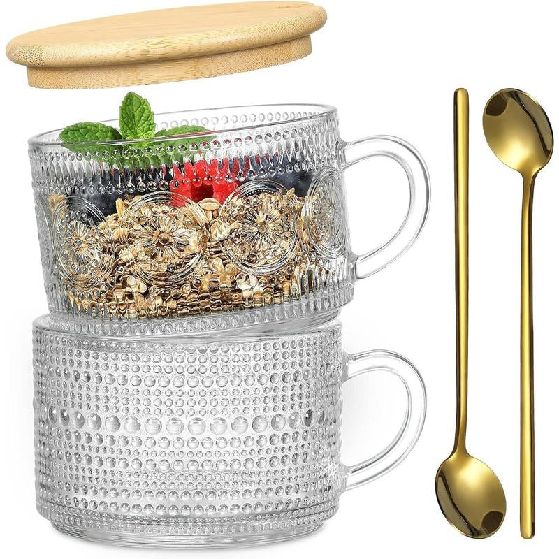 4Pcs Set Vintage Coffee Mugs Gifts for Women, Overnight Oats Containers with Bamboo Lids and Spoons - 14Oz Clear Embossed Glass Cups, Cute Coffee Bar Accessories, Iced Coffee Glasses