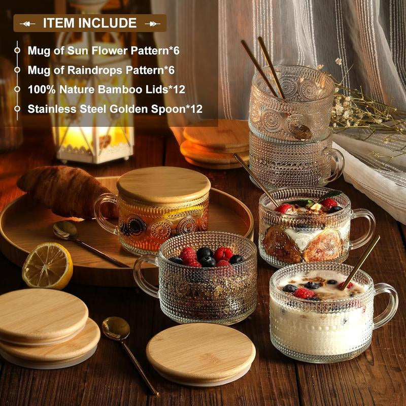 4Pcs Set Vintage Coffee Mugs Gifts for Women, Overnight Oats Containers with Bamboo Lids and Spoons - 14Oz Clear Embossed Glass Cups, Cute Coffee Bar Accessories, Iced Coffee Glasses
