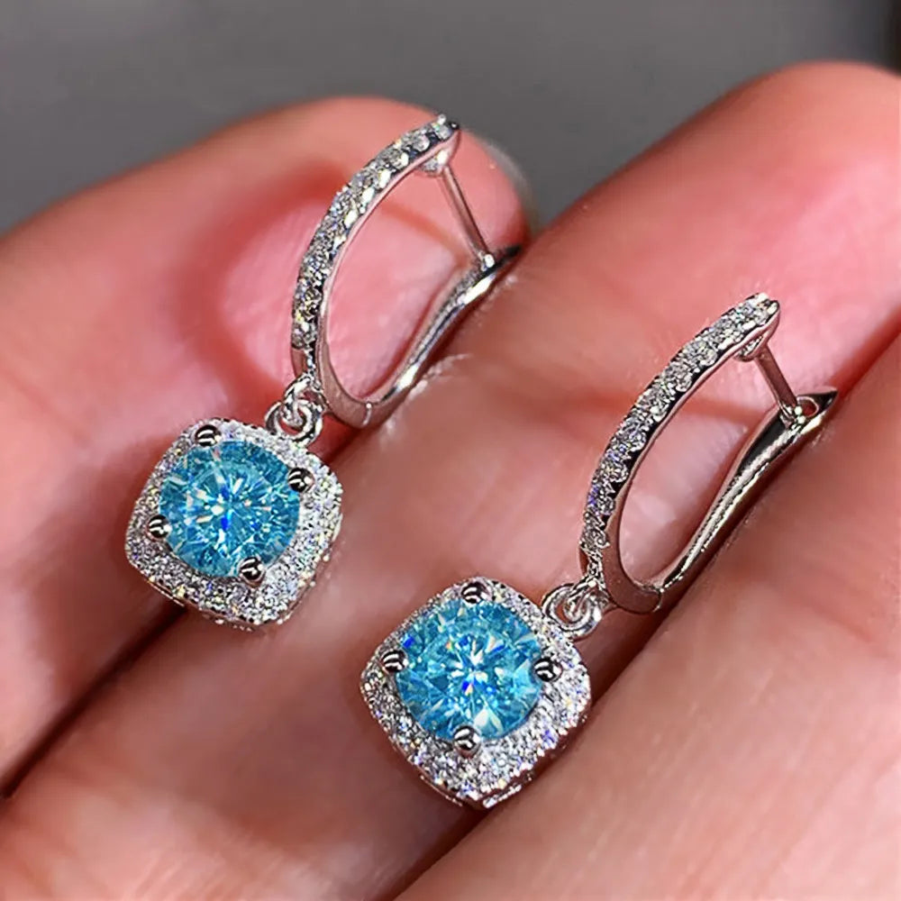 18K White Gold Sapphire Crystal Diamond Dangle Earrings