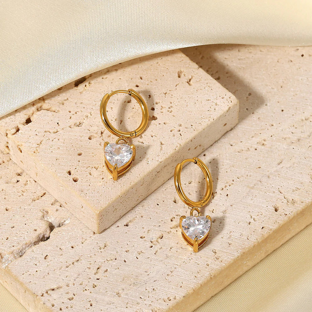 18K Gold Plated White Heart Cubic Zirconia Huggie Hoop Earrings 