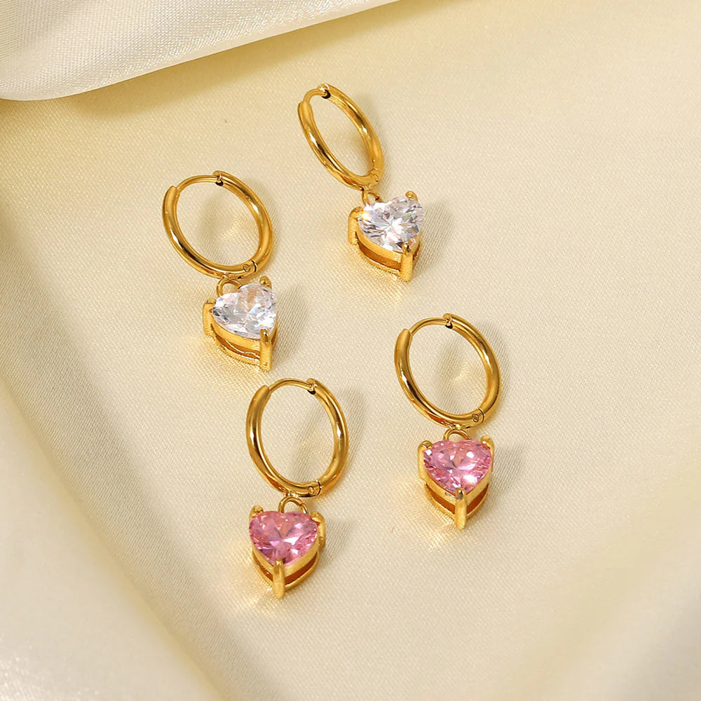 18K Gold Plated White Heart Cubic Zirconia Huggie Hoop Earrings 