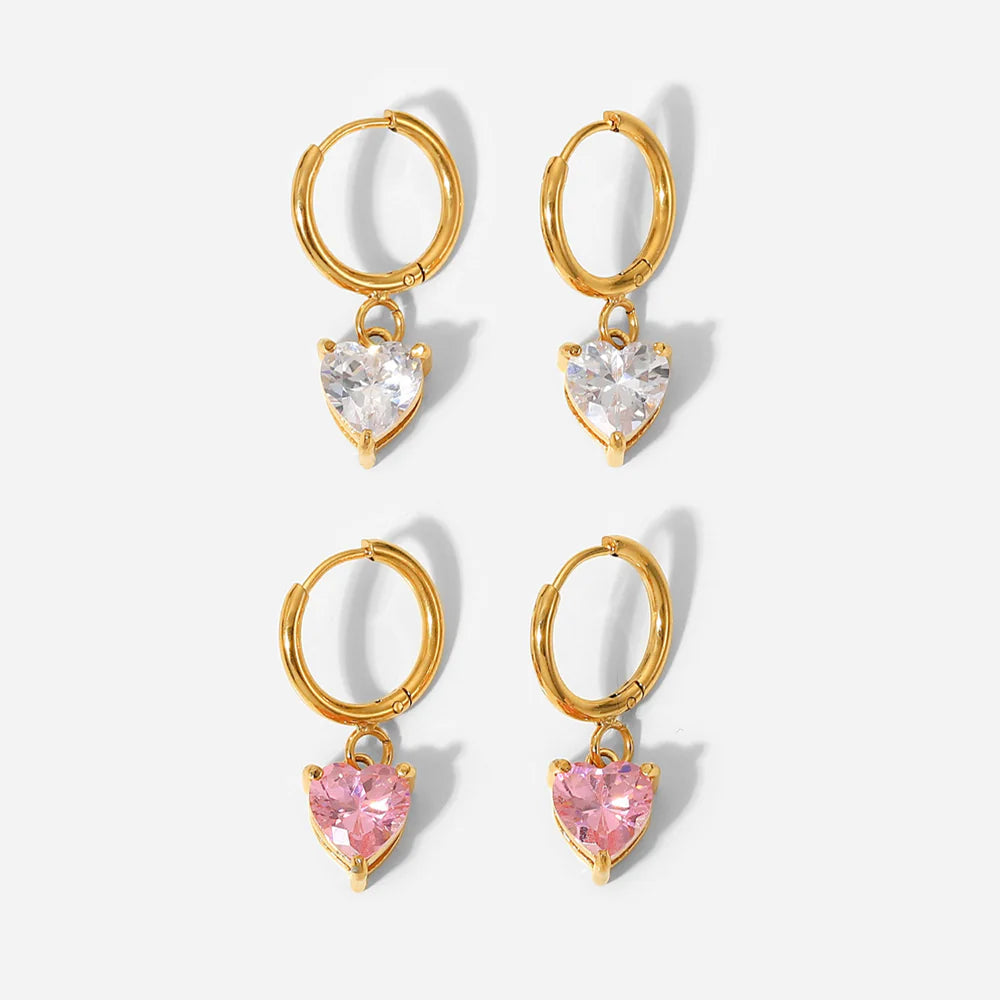 18K Gold Plated White Heart Cubic Zirconia Huggie Hoop Earrings 