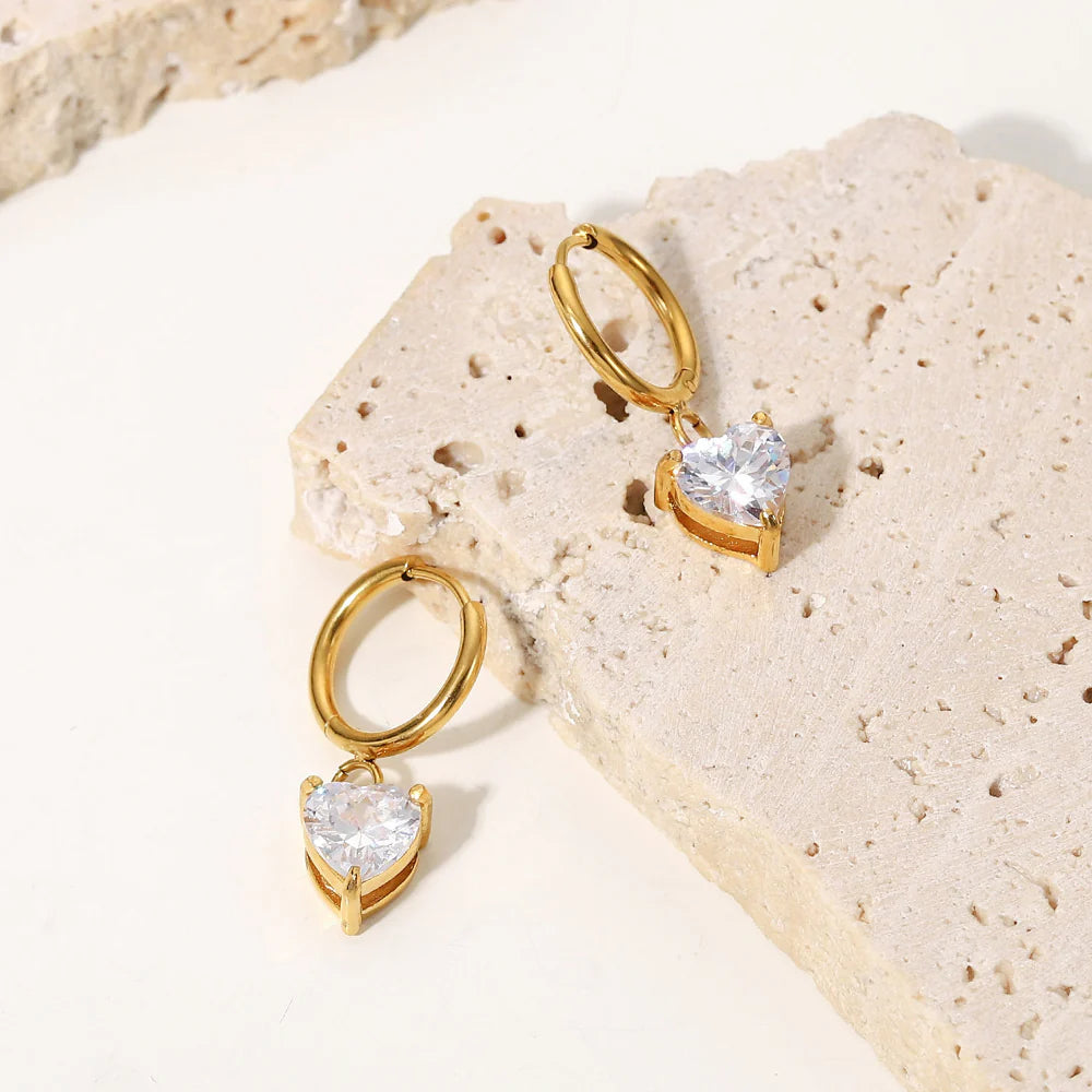 18K Gold Plated White Heart Cubic Zirconia Huggie Hoop Earrings 