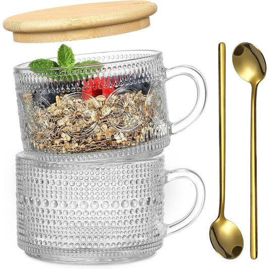 4Pcs Set Vintage Coffee Mugs Gifts for Women, Overnight Oats Containers with Bamboo Lids and Spoons - 14Oz Clear Embossed Glass Cups, Cute Coffee Bar Accessories, Iced Coffee Glasses