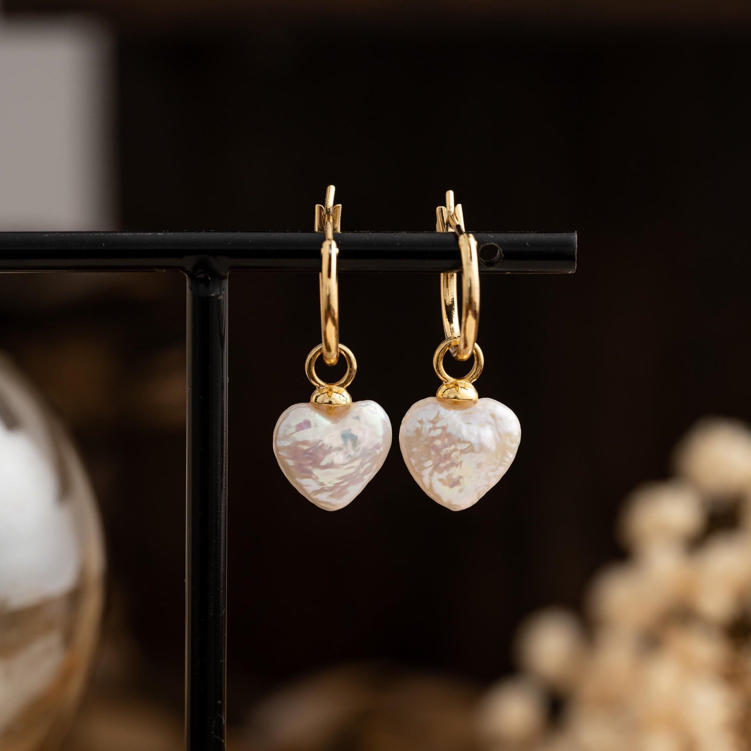 Gold Pearl Heart Hoop Earrings
