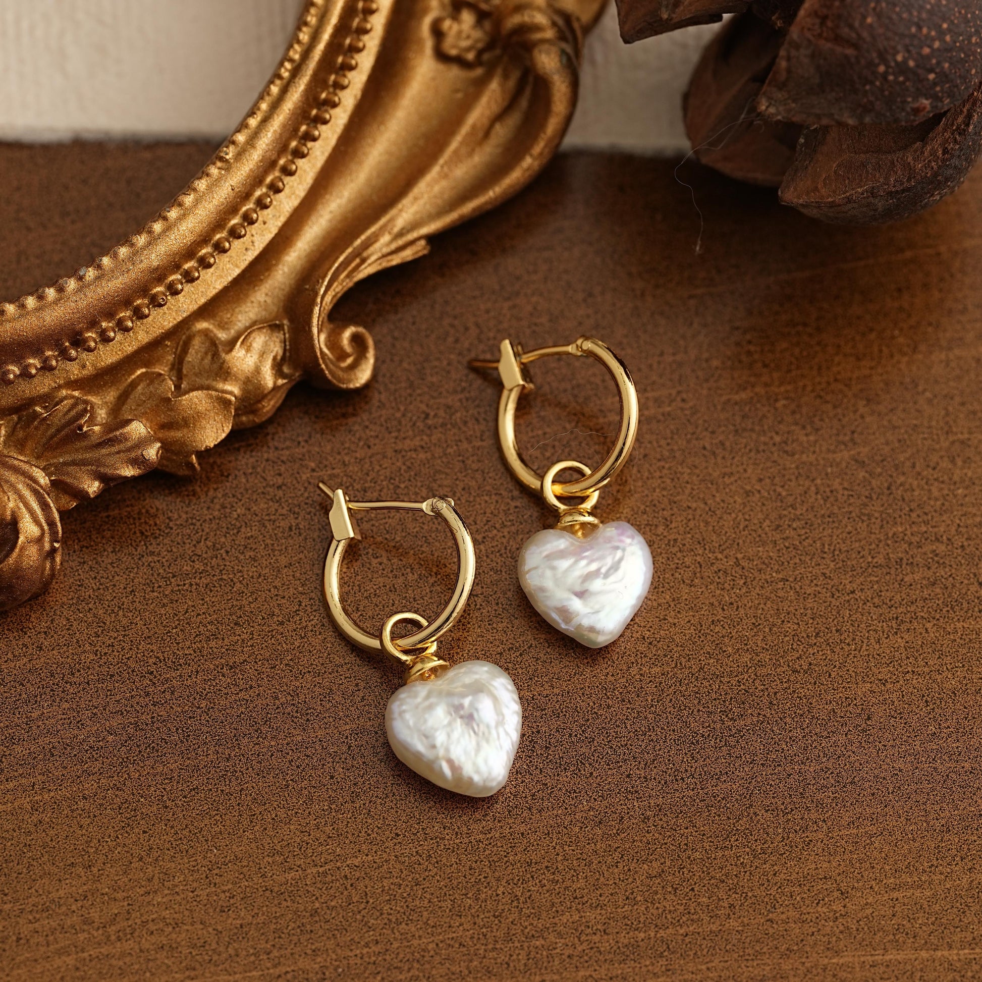 Gold Pearl Heart Hoop Earrings