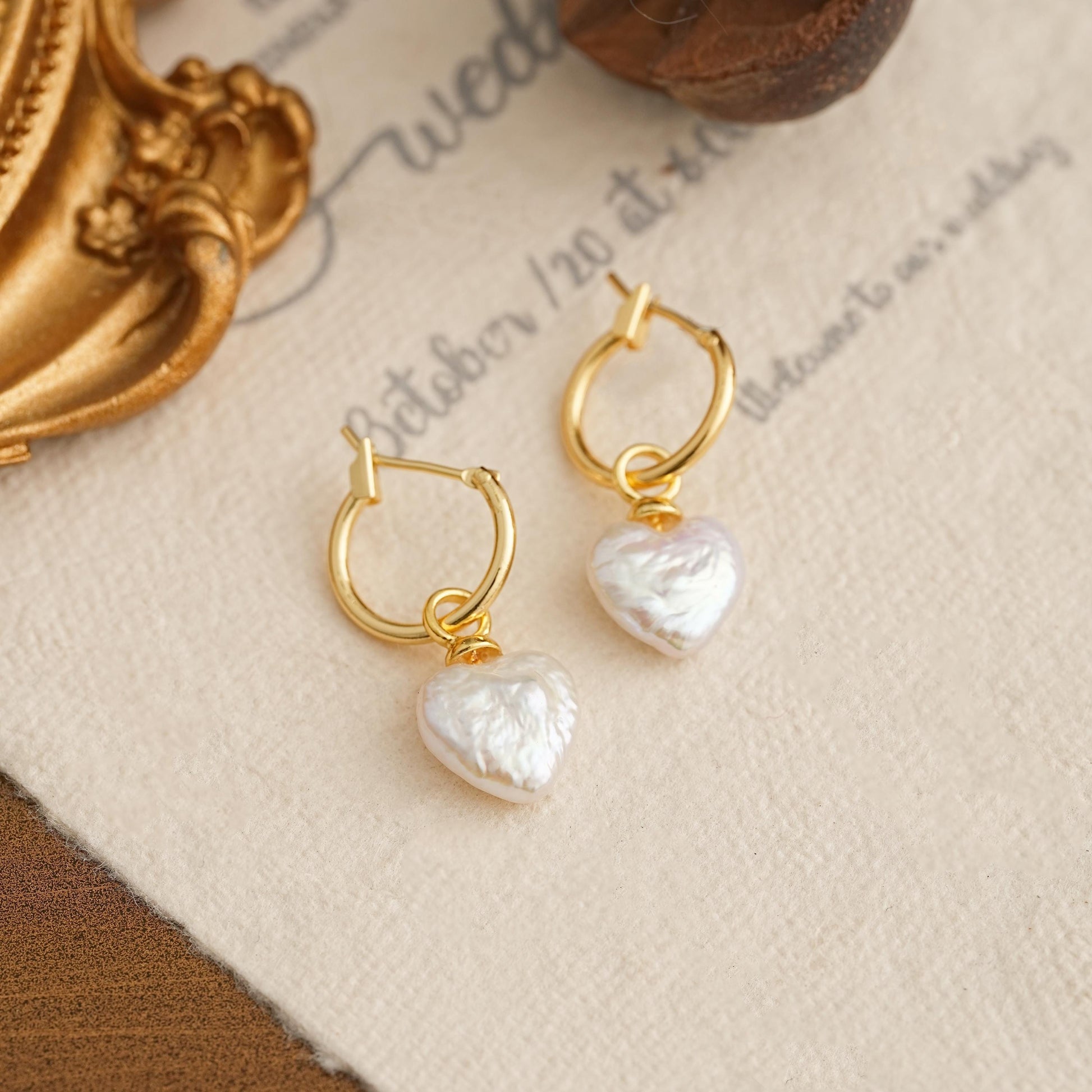 Gold Pearl Heart Hoop Earrings